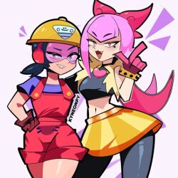  2girls :) artist_name bangs beltskirt black_choker black_shirt black_thighhighs blue_shirt bow bracelet brawl_stars breasts buttons choker collar commentary_request crop_top dark_blue_hair duo emblem eyebrows eyebrows_visible_through_hair fang fur_trim gloves goggles goggles_on_eyes grey_eyes hair_bow half-closed_eyes hand_on_another's_back hand_on_another's_shoulder hands_on_hips heart heart_choker helmet jacky_(brawl_stars) kyneonpy lips looking_at_viewer low_twintails lowres maroon_gloves melodie_(brawl_stars) open_mouth orange_skirt overall_shorts overalls pink_eyes pink_hair pocket pointing pointing_up pout purple_background purple_gloves purple_triangle raised_eyebrow raised_eyebrows red_bow red_goggles red_overalls shirt simple_background skirt smile spiked_belt spiked_bracelet striped_skirt tape teeth thighhighs triangle triangle_print twintails v-shaped_eyebrows white_background yellow_belt yellow_fur yellow_skirt zig-zag_pattern 