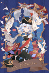  1girl absurdres ahoge architecture bird black_hat blue_eyes blue_hair blue_streaks building chinese_commentary commentary_request dove epaulettes flag furina_(genshin_impact) genshin_impact grey_hair hair_between_eyes hat heterochromia highres holding holding_sword holding_weapon military_hat military_uniform moon multicolored_hair pigeon red_flag shako_cap short_hair sky solo star_(sky) starry_sky streaked_hair sword tangbaibaibaibai upper_body weapon 