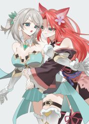  2girls animal_ears artist_request blonde_hair blue_eyes braid breasts commission commissioner_upload crown_braid fox_ears fox_girl hand_on_another's_waist highres hug hug_from_behind in-franchise_crossover japanese_clothes juniper_(sakura_fox_adventure) kimono knight multiple_girls non-web_source pink_hair sakura_dungeon sakura_fox_adventure tail thigh-highs yomi_(sakura_dungeon) yuri 