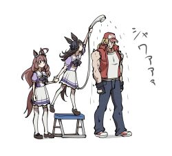  1boy 2girls animal_ears baseball_cap belt black_hair blonde_hair blue_pants brown_belt brown_hair brown_shoes buckle collared_jacket commentary_request crossover denim fatal_fury full_body hair_over_one_eye hat highres holding holding_hands holding_shower_head horse_ears horse_girl horse_tail horseshoe_ornament jacket jeans korokoro_nekoz long_hair male_focus mary_janes mihono_bourbon_(umamusume) multiple_girls on_stool open_clothes open_jacket pants purple_shirt rain red_jacket red_shoes rice_shower_(umamusume) sailor_collar sailor_shirt school_uniform shirt shoes short_sleeves shower_head simple_background sky sleeveless sleeveless_jacket sound_effects standing standing_on_one_leg stool summer_uniform tail terry_bogard thigh-highs tilted_headwear torn_clothes torn_sleeves tracen_school_uniform translation_request umamusume very_long_hair white_background white_sailor_collar white_shirt white_thighhighs wing_collar |_| 