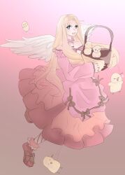  1girl :d absurdres aged_up alternate_costume ankle_boots baby_animal bare_shoulders basket bird bird_girl bird_wings blonde_hair blue_eyes boots character_request check_character check_copyright chick collarbone copyright_request dress feathered_wings filo_(tate_no_yuusha_no_nariagari) gradient_background highres holding holding_basket kendiyot long_hair long_sleeves medium_dress open_mouth parted_bangs pink_dress red_boots red_dress smile solo straight_hair tate_no_yuusha_no_nariagari two-tone_dress watermark wings 