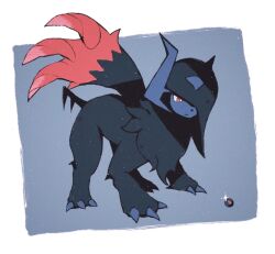  absol bright_pupils claws closed_mouth commentary english_commentary hair_over_one_eye horns looking_down mega_absol_z mega_pokemon mega_stone no_humans oh_sosou pokemon pokemon_(creature) pokemon_focus red_eyes single_wing white_pupils wings 