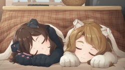  2girls animal_ears animal_hands brown_hair cat_ears cat_paws closed_eyes closed_mouth commentary_request gloves idolmaster idolmaster_million_live! idolmaster_million_live!_theater_days indoors kitazawa_shiho kitazawa_shiho_(soraneko_cafe) kotatsu light_blush light_smile liselsia long_hair miyao_miya multiple_girls official_alternate_costume paw_gloves sleeping table under_kotatsu under_table 