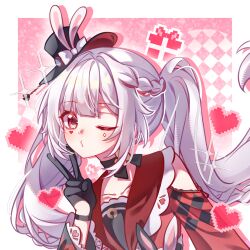  1girl :3 black_choker black_gloves black_hat box chinese_commentary choker clothing_cutout collar collarbone commentary_request diamond_(shape) diamond_facial_mark facial_mark gift gift_box gloves hat hat_ornament heart heart_facial_mark highres honkai:_star_rail honkai_(series) long_hair looking_at_viewer mark_under_both_eyes mini_hat mini_top_hat multicolored_hair one_eye_closed pink_eyes rabbit_hat_ornament red_collar red_hair red_sleeves red_streaks shoulder_cutout solo sparkle_(honkai:_star_rail) sparxie_(honkai:_star_rail) streaked_hair top_hat twintails upper_body v white_hair yunying_v 
