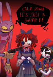  1boy 2girls absurdres animal_ears black_eyes black_hair blue_bow blue_dress blue_eyes blue_hat bow chinese_commentary colored_sclera colored_skin colored_teeth commentary dismemberment dress english_text furry furry_male gloves gun hair_bow hat highres holding holding_gun holding_weapon jax_(the_amazing_digital_circus) mistywine multicolored_eyes multiple_girls no_hands overalls pink_overalls pomni_(the_amazing_digital_circus) rabbit_boy rabbit_ears ragatha_(the_amazing_digital_circus) red_background red_eyes red_hair red_hat sharp_teeth short_hair smile striped_hat stuffing teeth the_amazing_digital_circus two-tone_eyes two-tone_hat weapon white_skin yellow_gloves yellow_sclera yellow_teeth 