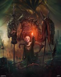  1girl absurdres arm_up blonde_hair braid braided_hair_rings building castle divine_beast_dancing_lion dress elden_ring elden_ring:_shadow_of_the_erdtree green_dress hair_rings highres holding holding_flame holding_polearm holding_weapon horns hunched_over impaled kips lion_mane mole mole_under_mouth monster ornate ornate_clothes outdoors polearm rya_(elden_ring) scadutree_(elden_ring) signature slouching snake snake_girl solo_focus weapon wings 