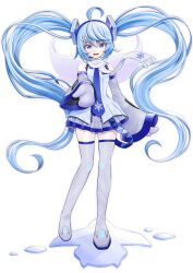  1girl absurdres alfa4c1 aqua_eyes aqua_hair blue_necktie commentary_request detached_sleeves hatsune_miku highres long_hair necktie skirt snowflake_print snowflakes solo twintails vocaloid white_skirt white_sleeves yuki_miku 