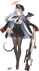  1girl arm_at_side armband bag black_coat black_hat black_necktie black_pantyhose black_shoes black_skirt black_wings blue_archive blush bow braid breasts buttons center_frills closed_eyes closed_mouth coat coat_on_shoulders collared_shirt covered_navel demon_girl demon_tail demon_wings elbow_carry facing_viewer food food_charm frills full_body game_asset grey_hair gun h&amp;k_psg1 hair_bow halo hand_in_own_hair hand_up handbag happy haruna_(blue_archive) hat hat_ribbon head_tilt high-waist_skirt high_heels highres large_variant_set legs long_hair long_sleeves medal medium_breasts multicolored_hair necktie official_art orange_halo pantyhose peaked_cap piercing pumps ribbon rifle scope shirt shirt_tucked_in shoes short_necktie sidelocks simple_background single_braided_sidelock skirt smile sniper_rifle solo standing star_(symbol) striped_ribbon tachi-e tail taiyaki thighs third-party_source tie_clip toe_cleavage transparent_background two-sided_coat two-sided_fabric u_u variant_set wagashi weapon white_shirt whoisshe wing_ornament wing_piercing wings 