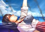  1girl akagi_(kantai_collection) aliesta armor brown_hair damaged japanese_clothes kantai_collection long_hair looking_up muneate ocean partially_submerged personification red_eyes smoke solo water 
