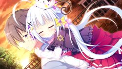  1boy 1girl ahoge black_capelet blunt_bangs blush bow brick_wall brown_hair capelet closed_eyes dutch_angle evening frilled_skirt frills game_asset hair_bobbles hair_bow hair_ornament harutoki_narumi hoshiyomi_mashiro hug hug_from_behind koi_suru_kokoro_to_mahou_no_kotoba large_variant_set long_hair long_sleeves non-web_source outdoors parted_lips pleated_skirt red_skirt self-datamine shiromochi_sakura shirt short_hair skirt sunset upper_body variant_set white_hair white_shirt yellow_bow 