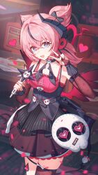  1girl absurdres aria_(human)_(discordant_note)_(zenless_zone_zero) aria_(human)_(zenless_zone_zero) aria_(zenless_zone_zero) bare_shoulders belt black_belt black_bridal_gauntlets black_choker black_dress black_hair black_streaks black_thighhighs blue_eyes bow bridal_gauntlets choker cowboy_shot crossed_bangs dress fang gleam_lin_shi hair_between_eyes hair_bow halo headphones heart heart_halo highres holding holding_microphone looking_at_viewer microphone multicolored_hair open_mouth pink_hair red_wings skull_belt skull_choker smile solo streaked_hair thigh-highs v wings zenless_zone_zero 