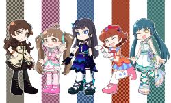  5girls ;3 ;d ahoge black_boots black_gloves black_hair blue_dress blue_eyes blue_sandals blush_stickers boots breasts brown_dress brown_eyes closed_mouth color_coordination crescendo_blue_(idolmaster) deformed dress floral_print gloves green_hair hakozaki_serika hand_on_own_hip idol_clothes idolmaster idolmaster_million_live! idolmaster_million_live!_theater_days kitakami_reika kitazawa_shiho kitazawa_shiho_(chocolate_rose) long_hair mogami_shizuka multiple_girls nonohara_akane nyozuki_(trid) official_alternate_costume one_eye_closed open_mouth orange_dress pink_dress pink_shoes print_dress red_hair rose_print sandals shoes short_hair smile standing twintails waving white_dress white_gloves 
