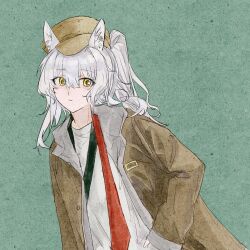  1girl absurdres alternate_costume animal_ears brown_coat coat double-parted_bangs expressionless hair_between_eyes hat high_ponytail highres horse_ears horse_girl medium_hair necktie newsboy_cap open_clothes open_coat parted_lips platinum_(arknights) ponytail red_necktie shirt sleeves_past_fingers sleeves_past_wrists solo taoyanaotu undone_necktie white_hair white_shirt yellow_hat yellow_pupils 