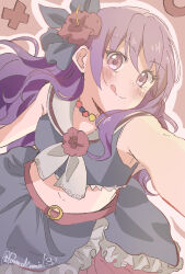 1girl :q ageha_mia artist_name black_bow blush bow commentary_request cowboy_shot cropped_shirt dutch_angle facing_to_the_side flower frilled_skirt frills hair_bow hair_flower hair_ornament head_tilt hibiscus highres jewelry layered_skirt long_hair looking_at_viewer navel necklace official_alternate_costume outstretched_arm panano_yuu pretty_rhythm pretty_rhythm_dear_my_future pretty_series purple_hair reaching reaching_towards_viewer red_background red_flower sailor_collar shirt skirt sleeveless sleeveless_shirt solo tongue tongue_out white_sailor_collar 