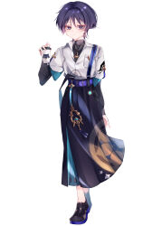  1boy absurdres adapted_costume anemo_symbol_(genshin_impact) arm_at_side belt belt_buckle black_hair black_pants black_shirt black_shoes black_sleeves blue_gem blue_sleeves blunt_ends breast_pocket buckle casual chain closed_mouth colored_inner_hair commentary_request contemporary covered_collarbone cup disposable_coffee_cup disposable_cup eyelashes eyeliner feathers fingernails full_body gem genshin_impact gold_buckle gold_chain gold_necklace gold_pendant hair_intakes hakama hakama_pants half-closed_eyes hand_up highres holding holding_cup japanese_clothes jewelry layered_sleeves long_sleeves looking_at_viewer makeup male_focus multicolored_hair munou_v necklace official_alternate_costume pants partially_unbuttoned pocket purple_belt purple_hair purple_rope red_eyeliner rope scaramouche_(genshin_impact) shirt shoes short_over_long_sleeves short_sleeves solo standing tassel turtleneck turtleneck_shirt violet_eyes vision_(genshin_impact) wanderer_(genshin_impact) wanderer_(impression)_(genshin_impact) white_sleeves wispy_bangs yellow_feathers 