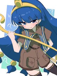  1girl ? belt black_thighhighs blue_eyes blue_hair blunt_bangs blush brown_shirt brown_shorts closed_mouth collared_shirt commentary earrings gold_tiara hand_on_own_hip hand_up highres holding holding_scepter jewelry key_earrings long_hair looking_at_viewer mark_under_both_eyes michigami_nareko scepter shirt short_sleeves shorts signature smile soesoe300 solo thigh-highs touhou very_long_hair 