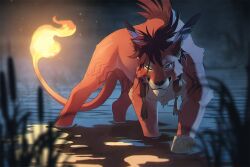  1boy body_markings closed_mouth facial_mark feather_hair_ornament feathers fiery_tail final_fantasy final_fantasy_vii fire furry furry_male hair_ornament lingrimm looking_at_viewer male_focus on_water one_eye_closed red_fur red_hair red_xiii scar scar_across_eye scar_on_face smile tail walking 