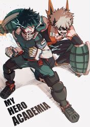  2boys bad_id bad_pixiv_id bakugou_katsuki bare_shoulders belt belt_buckle belt_pouch black_boots black_mask black_pants blonde_hair bodysuit boku_no_hero_academia boots bright_pupils buckle chromatic_aberration clenched_hands collarbone colored_shoe_soles commentary_request copyright_name crosshatching detached_sleeves electricity explosion eye_mask fighting_stance freckles from_above from_side full_body furrowed_brow gloves glowing_veins green_bodysuit green_eyes green_gloves green_hair hands_up hatching_(texture) headgear highres invisible_floor knee_boots knee_pads legs_apart looking_ahead looking_to_the_side male_focus mask mask_around_neck midoriya_izuku mouth_mask multicolored_gloves multiple_boys nakamu_405 on_one_knee open_mouth orange_gloves outstretched_arm pants partial_commentary pouch red_belt sanpaku serious shadow shoelaces short_hair side-by-side sideways_mouth snap-fit_buckle spiky_hair standing tank_top turning_head twitter_username two-sided_gloves two-tone_gloves utility_belt v-neck v-shaped_eyebrows white_gloves white_pupils 