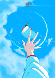  blue_sky burning character_request clouds commentary_request day hand_focus highres kago_usagi long_sleeves shirt sky touhou translation_request white_shirt 
