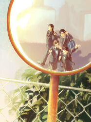  2boys 2girls absurdres aoi_asakusa arm_up backpack bag black_hair black_jacket black_pants black_skirt blazer blush bow brown_hair chain-link_fence closed_eyes closed_mouth commentary_request diagonal-striped_clothes diagonal-striped_necktie dress_shirt fence fisheye flipped_hair green_bow green_necktie grin gyaru_v hand_on_another's_shoulder highres hyakuemu jacket looking_at_viewer medium_hair medium_skirt multiple_boys multiple_girls necktie open_clothes open_jacket pants pleated_skirt school_uniform shirt shoes short_hair shoulder_bag skirt smile striped_clothes striped_necktie suzume_shiina takeru_nigami taking_picture togashi_(hyakuemu) urara_(mutj8278) v walking white_shirt white_shoes 