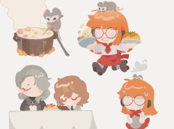  2boys 2girls ahoge akechi_goro amamiya_ren animal_on_head animalization apron ascot az_zhuan black_necktie blazer blunt_bangs bowl brown_hair clipboard closed_eyes colored_eyebrows cooking cooking_pot fire food glasses grey_hair headphones highres holding holding_bowl holding_clipboard holding_plate jacket jewelry joker_(persona_5) mask mouse_(animal) multiple_boys multiple_girls necklace necktie niijima_sae omelet on_head opaque_glasses orange_hair parody persona persona_5 plate ratatouille red_apron red_ascot roller_skates sailor_collar sakura_futaba shirt short_hair sitting skates smile steam sweat table waitress white_background white_shirt 