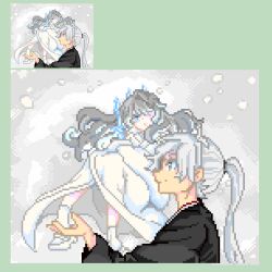  1boy 1girl blue_eyes commentary_request curly_hair hair_ornament hair_scrunchie japanese_clothes keykey117117 kimono kyokou_suiri long_hair lowres pixel_art ponytail scrunchie simple_background snow traditional_youkai white_background white_hair yuki_onna 