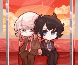  2boys akinashi_haru black_hair black_jacket black_suit blue_eyes blue_necktie brown_cardigan brown_pants cardigan chibi chibi_only feet_out_of_frame highres holding_hands jacket looking_at_another lynxsai male_focus multiple_boys necktie pants red_necktie saihate_eki sitting suit sunset tatsunami_shion watermark white_hair 