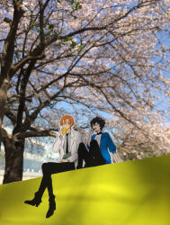  2boys arm_support bat_ornament black_hair black_pants black_shoes blue_jacket blue_sky blurry blurry_background brown_eyes buttons closed_eyes closed_mouth coat collared_shirt commentary_request contrast_collar cup drinking eating food full_body gatchaman_crowds gatchaman_crowds_insight glasses grey_shirt hair_between_eyes hand_on_own_thigh hand_up hayami_sukaruchinofu highres holding holding_cup holding_food jacket knees_up lab_coat looking_to_the_side mandarin_collar multiple_boys ninomiya_rui onigiri open_clothes open_coat open_jacket orange_hair outdoors pants paper_child photo_(medium) red-framed_eyewear shirt shoes short_hair side-by-side sidelocks sitting sitting_on_wall sky smile suzuki_rizumu three-quarter_sleeves tree white_coat 