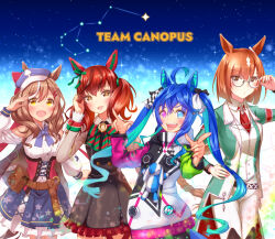  4girls @_@ adjusting_eyewear ahoge animal_ears belt_bag black_dress blue_bow blue_eyes blue_hair blue_hat blue_skirt blush bow bowtie braid braided_ponytail breasts brown_eyes brown_hair brown_leggings center_frills closed_mouth clothing_cutout coat commentary_request constellation corset crossed_bangs diagonal-striped_bow drawstring dress ear_bow ear_covers ear_ornament ear_ribbon ears_through_headwear frills glasses green_bow green_bowtie green_coat green_jacket grey-framed_eyewear hair_ornament hairclip hand_on_own_hip hat heterochromia highres hood hooded_coat hoodie horse_ears horse_girl horse_tail ikuno_dictus_(mantle_of_steel)_(umamusume) ikuno_dictus_(umamusume) jacket juliet_sleeves leggings long_hair long_sleeves looking_at_viewer matikanetannhauser_(clippety-tippety-clop)_(umamusume) matikanetannhauser_(umamusume) medium_breasts medium_hair multicolored_coat multicolored_hair multicolored_hoodie multiple_girls necktie newsboy_cap nice_nature_(poinsettia_ribbon)_(umamusume) nice_nature_(umamusume) open_mouth pants parallel_hairclips pinafore_dress puffy_sleeves red_corset red_necktie round_eyewear sharp_teeth shirt shoulder_cutout skirt sleeveless sleeveless_dress smile streaked_hair striped_bow striped_bowtie striped_clothes stuffed_animal stuffed_rabbit stuffed_toy sugimotty_nova tail teeth tilted_headwear tongue tongue_out twin_turbo_(blast_mode!_turbo_engine)_(umamusume) twin_turbo_(umamusume) twintails umamusume vest violet_eyes white_pants white_shirt white_skirt white_vest yellow_eyes 