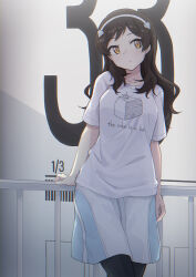  1girl against_railing black_pantyhose brown_eyes brown_hair cake_print closed_mouth clothes_writing commentary_request cowboy_shot english_text food_print highres idolmaster idolmaster_million_live! kitazawa_shiho liselsia long_hair meme pantyhose portal_(series) portal_1 print_shirt railing shirt short_sleeves skirt solo standing t-shirt the_cake_is_a_lie_(meme) white_shirt white_skirt 