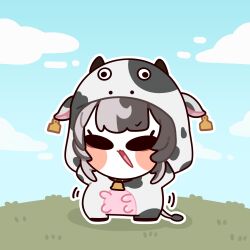  1girl 252_eyo animal_costume black_hair blue_sky blush_stickers chibi chibi_only clouds cloudy_sky cow_costume day grass grey_hair highres hololive hololive_english hood hood_up long_hair motion_lines multicolored_hair open_mouth outdoors shiori_novella sky solo split-color_hair standing two-tone_hair virtual_youtuber 