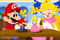  1boy 1girl artist_name black_eyes blonde_hair blue_overalls brown_hair chair closed_eyes crown detached_sleeves donkey_kong_(series) dress earrings eddysmash2407 facial_hair gloves happy hat highres indoors jewelry long_hair long_sleeves mario mario_vs._donkey_kong mini-mario_(mario_vs._donkey_kong) mini_peach mustache open_mouth overalls pink_dress princess princess_peach puffy_short_sleeves puffy_sleeves red_hat red_shirt shirt short_hair short_sleeves sitting super_mario_bros. table toy white_gloves 