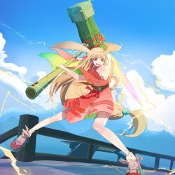  1girl afterburner animal_ears beads blonde_hair blue_sky cho_kaguya-hime! clouds commentary_request electricity hair_beads hair_ornament hammer highres holding holding_hammer holding_weapon japanese_clothes kaguya_(cho_kaguya-hime!) kimono long_hair lop_rabbit_ears open_mouth orange_eyes rabbit_ears railing red_kimono shichimencho593 sky solo standing standing_on_one_leg v-shaped_eyebrows very_long_hair weapon 