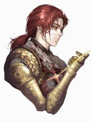  1girl amputee blood blood_on_clothes brooch commentary cropped_torso curtained_hair elden_ring english_commentary from_side gameplay_mechanics gold_needle holding holding_needle jewelry low_ponytail mechanical_arms millicent_(elden_ring) needle parted_lips ponytail prosthesis prosthetic_arm red_hair single_mechanical_arm solo strap tutou_jiang white_background yellow_eyes 