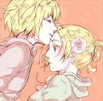  1boy 1girl annie_leonhardt armin_arlert ashinamaturi blonde_hair blue_eyes closed_eyes flower forehead_kiss hair_flower hair_ornament heart hoodie kiss ponytail shingeki_no_kyojin short_hair surprised wide-eyed 