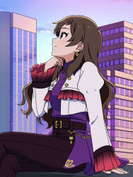 1girl belt black_belt black_pants brown_eyes brown_hair city closed_mouth crossed_legs day earrings frilled_sleeves frills hand_up highres idolmaster idolmaster_million_live! idolmaster_million_live!_theater_days jacket jewelry kitazawa_shiho long_hair long_sleeves official_alternate_costume outdoors pants purple_shirt shirt sitting solo trinitro_(nitro_koubou) white_jacket 