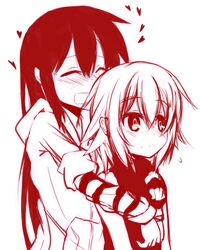  2girls adyisu altair_floone area_aquamarine blush closed_eyes heart hug hug_from_behind long_hair monochrome multiple_girls open_mouth original short_hair smile 