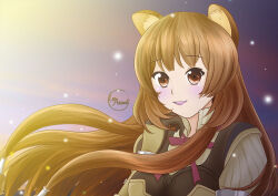  1girl :d animal_ear_fluff animal_ears armor artist_name black_dress breastplate breasts brown_armor brown_eyes brown_hair collared_dress commentary_request dress floating hair_tubes high_collar leather_armor leoanimet long_hair long_sleeves looking_at_viewer medium_breasts metal_arm_cuffs metal_hair_tubes neck_ribbon open_mouth pauldrons raccoon_ears raccoon_girl raphtalia red_ribbon ribbon shoulder_armor single_pauldron sleeveless sleeveless_dress smile solo straight_hair tate_no_yuusha_no_nariagari teeth upper_body upper_teeth_only watermark white_dress yellow_trim 