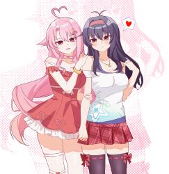  2girls ahoge antenna_hair artist_request black_hair black_thighhighs breasts commission commissioner_upload curtained_hair hairband heart highres lilim_(sakura_cupid) locked_arms looking_at_viewer mitsuki_(sakura_cupid) multiple_girls non-web_source off_shoulder pink_eyes pink_hair plaid_clothes plaid_skirt red_hairband sakura_cupid skirt spoken_heart thigh-highs yuri 