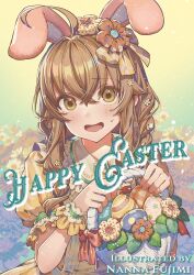  1girl animal_ears blush brown_hair bucket commentary easter easter_egg egg floral_background flower fujimi_nanna hair_flower hair_ornament happy_easter highres holding monica_everett open_mouth rabbit_ears silent_witch solo untranslatable_commentary 