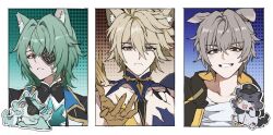  3boys absurdres alternate_form anaxa_(honkai:_star_rail) anaxa_(nanus)_(honkai:_star_rail) animal_ear_fluff animal_ears animal_nose animalization aqua_background aqua_fur black_fur black_hat black_jacket blonde_hair blue_background blue_eyes blue_jacket blush_stickers bodysuit border bright_pupils brown_background brown_eyes caelus_(honkai:_star_rail) cat_boy cat_ears chain chimera_(honkai:_star_rail) closed_mouth collarbone commentary cracked_skin creature crystal_earrings dog_boy dog_ears dragon_tail dromas_(honkai:_star_rail) earrings eyepatch gauntlets gem gold_chain gold_trim gradient_background greco-roman_clothes green_hair grey_hair hair_ornament hair_tubes hand_up hat highres honkai:_star_rail honkai_(series) hood hooded_jacket horns jacket jewelry kemonomimi_mode long_hair looking_at_viewer low_ponytail male_focus mandarin_collar multicolored_eyes multiple_boys one_eye_closed open_clothes open_jacket otter_ears outside_border papajay_(jennygin2) peaked_cap person_and_animalization phainon_(honkai:_star_rail) phainon_(khaslana)_(honkai:_star_rail) pink_pupils polka_dot polka_dot_background ponytail purple_bodysuit red_gem shirt shoulder_spikes single_earring single_hair_tube single_horn smile spikes t-shirt tail teeth trailblazer_(honkai:_star_rail) two-sided_fabric two-sided_jacket two-tone_fur untranslatable_commentary upper_body v-shaped_eyebrows violet_eyes white_border white_fur white_pupils white_shirt yellow_eyes yellow_jacket 