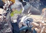  1boy belt buckle clear_(dramatical_murder) closed_eyes clouds coral dima dramatical_murder fish gloves jacket jellyfish long_jacket long_sleeves male pants scarf shark short_hair smile solo standing umbrella whale white_hair wind 