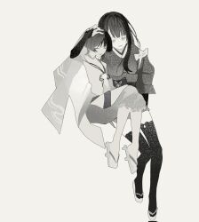  1boy 1girl arm_at_side blunt_bangs bow bridal_gauntlets closed_eyes closed_mouth facing_down feathers full_body genshin_impact geta greyscale hand_on_another's_head hand_up heads_together highres japanese_clothes kariginu kimono long_eyelashes middle_ring monochrome mother_and_child mother_and_son obi okobo over-kneehighs pants parent_and_child platform_sandals pom_pom_(clothes) raiden_shogun sandals sash scaramouche_(genshin_impact) scaramouche_(kabukimono)_(genshin_impact) see-through_clothes see-through_veil short_kimono side-by-side smile string swept_bangs tasuki thigh-highs three-quarter_sleeves veil white_background yourlocalwalnut 