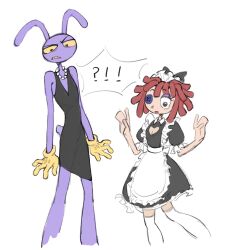  !? 1boy 1girl animal_ears apron black_bow black_dress black_eyes bow button_eyes buttons chinese_commentary cleavage_cutout clothing_cutout colored_sclera colored_teeth commentary_request cosplay costume_switch crossdressing crossdressing_(mtf) dress frilled_apron frills frown furry furry_male gloves hair_bow heart_cutout highres jax_(the_amazing_digital_circus) jewelry maid maid_headdress mistywine necklace pearl_necklace rabbit_boy rabbit_ears ragatha_(the_amazing_digital_circus) red_hair short_hair short_sleeves sleeveless sleeveless_dress the_amazing_digital_circus thigh-highs triangle_nose white_apron white_thighhighs yellow_gloves yellow_sclera yellow_teeth 