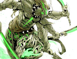  bead_necklace beads centauroid commentary_request extra_arms eye_trail facial_hair fangs fate/grand_order fate_(series) glowing goatee highres holding holding_sword holding_weapon horns jewelry light_trail male_focus minew necklace sword taur weapon white_background xiang_yu_(fate) 