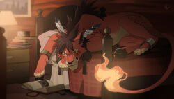  1boy artist_logo body_markings book closed_eyes commentary english_commentary facial_mark feather_hair_ornament feathers fiery_tail final_fantasy final_fantasy_vii fire furry furry_male hair_ornament lingrimm logo lying mane on_bed open_book red_fur red_hair red_xiii scar scar_across_eye scar_on_face sleeping tail 