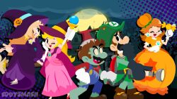  2boys 3girls artist_name commentary eddysmash2407 english_commentary gloves halloween hat holding holding_wand luigi mario multiple_boys multiple_girls princess_daisy princess_peach rosalina smile super_mario_bros. wand watermark white_gloves witch_hat 