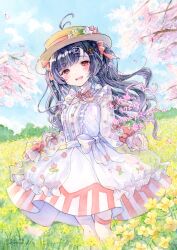  1girl absurdres asymmetrical_legwear beads black_hair blue_sky blush bow breasts brown_hat buttons center_frills cherry_blossoms clouds commentary_request commission criss-cross_halter day dress falling_petals feet_out_of_frame field floating_hair floral_print flower flower_field frills hair_bow hair_ornament halterneck hat hat_feather hat_flower hayamasora heart heart_hair_ornament highres holding_own_skirt indie_virtual_youtuber light_particles long_hair long_sleeves looking_at_viewer medium_breasts medium_dress neck_ribbon open_mouth outdoors over-kneehighs painting_(medium) parted_bangs petals pink_petals purple_flower rapeseed_blossoms red_bow red_eyes red_ribbon red_wrist_cuffs ribbon see-through_clothes see-through_skirt_layer see-through_sleeves sidelocks signature single_over-kneehigh single_thighhigh skeb_commission sky smile socks solo spring_(season) standing straw_hat takoko_(vtuber) teeth thigh-highs traditional_media translation_request tree uneven_legwear upper_teeth_only virtual_youtuber waist_bow watercolor_(medium) wavy_hair white_bow white_dress white_socks wind wrist_cuffs x_hair_ornament yellow_flower 