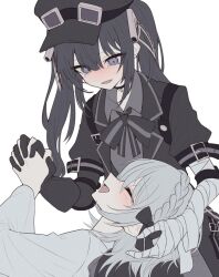  2girls :d bandaged_arm bandages black_dress black_eyes black_gloves black_hair black_hat black_jacket black_ribbon braid closed_eyes collared_dress dress eyewear_on_headwear gloves hat jacket kurobe_nanoka kurobe_nanoka's_sister long_hair mahou_shoujo_no_majo_saiban multiple_girls neck_ribbon open_clothes open_jacket ribbon rune_(ru-nn) shirt siblings simple_background sisters smile twintails white_background white_hair white_shirt 