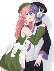  522_2536 beret black_shirt black_skirt detached_sleeves dress green_dress hat highres imminent_kiss momone_momo necktie purple_hair purple_necktie shirt skirt utane_uta utau vest violet_eyes white_vest yuri 